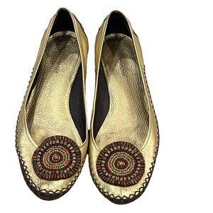 BCBG Max Azria Gold & Brown Leather Flats With Beaded Detail 10